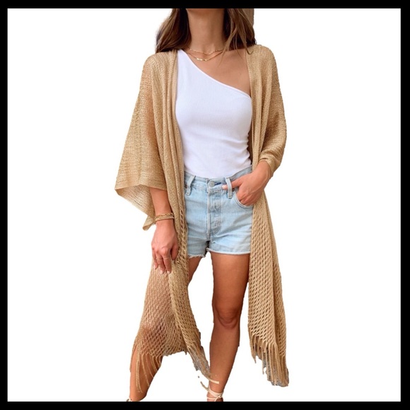 BOUTIQUE  Metallic Net Fringed Cover Up Tassel Semi Sheer - Picture 4 of 11